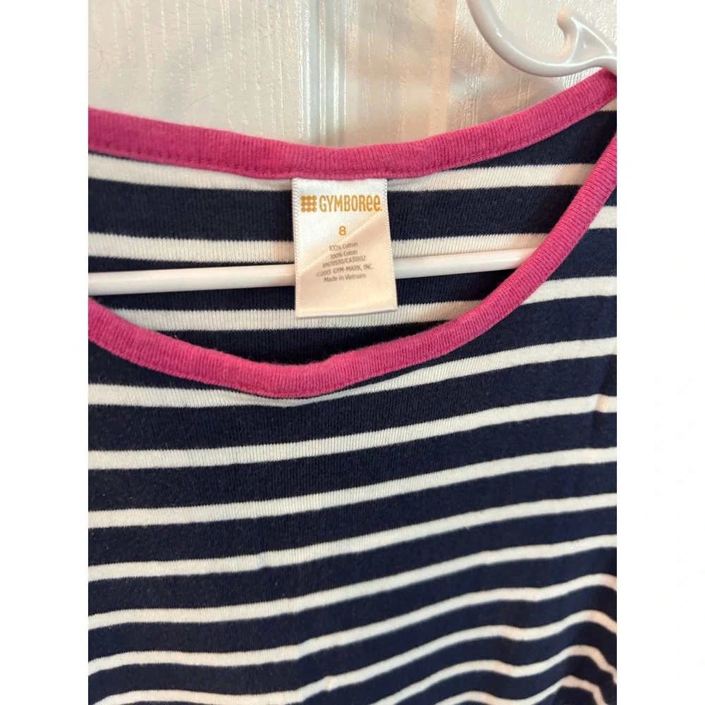 Gymboree Dress Navy Pink Striped Ruffle‎ Tiered Cotton Short Sleeve Kids Size 8